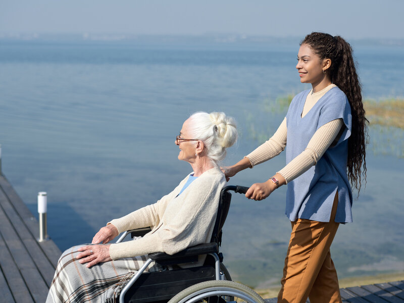 Young caregiver pushing elderly person in wheelchair by beautiful waterfront, demonstrating holiday and travel support services