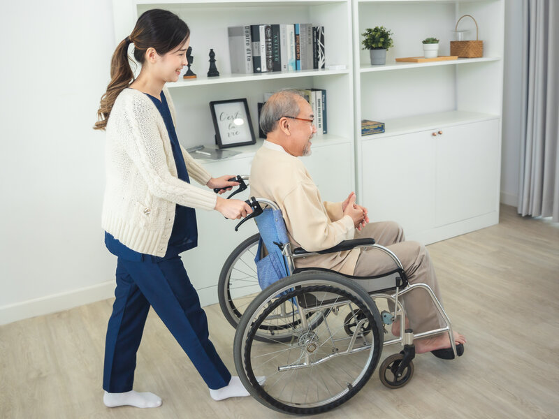 Professional carer assisting elderly person in wheelchair at home