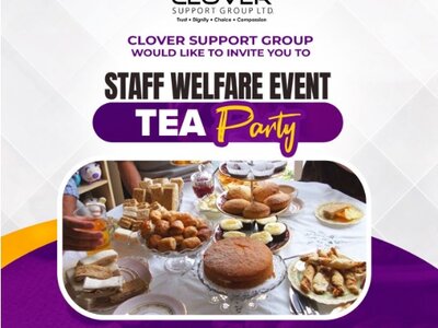 Tea Party May 2024 - Official invitation featuring traditional British afternoon tea theme with delicious cakes and treats